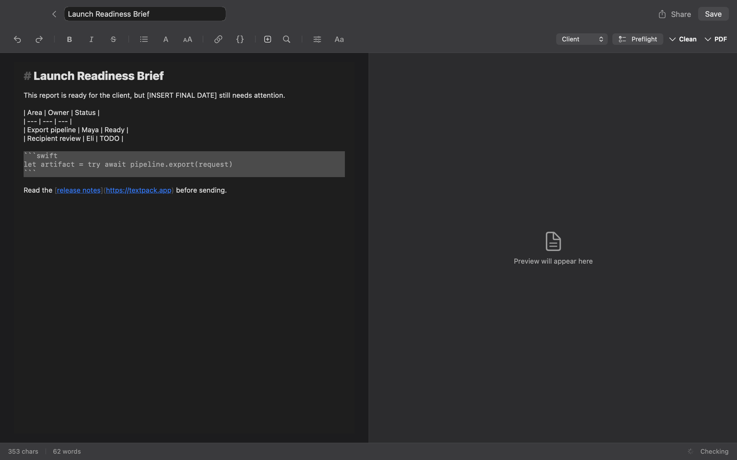 TextPack editor showing the source launch brief