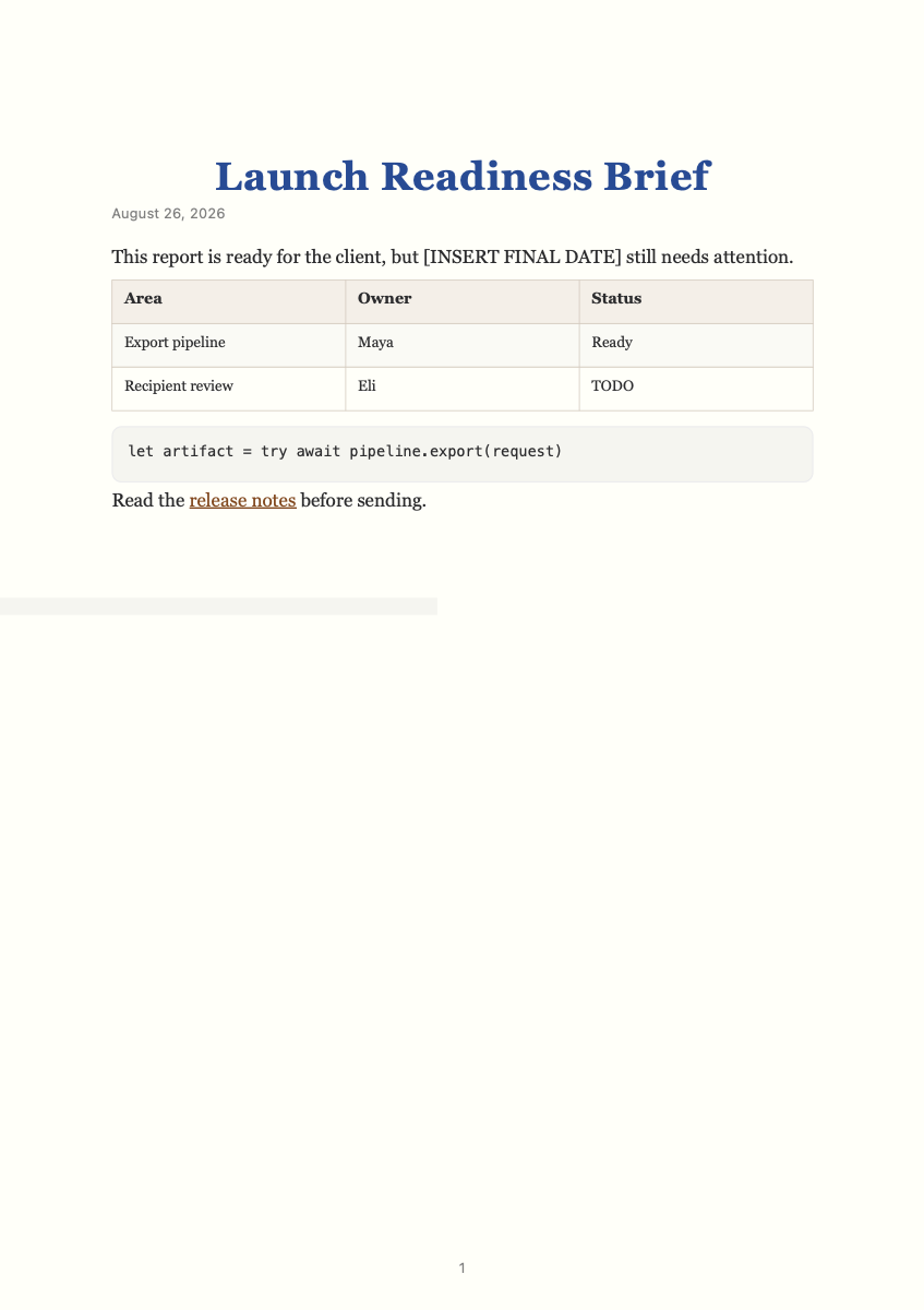 The real PDF generated from the same launch brief